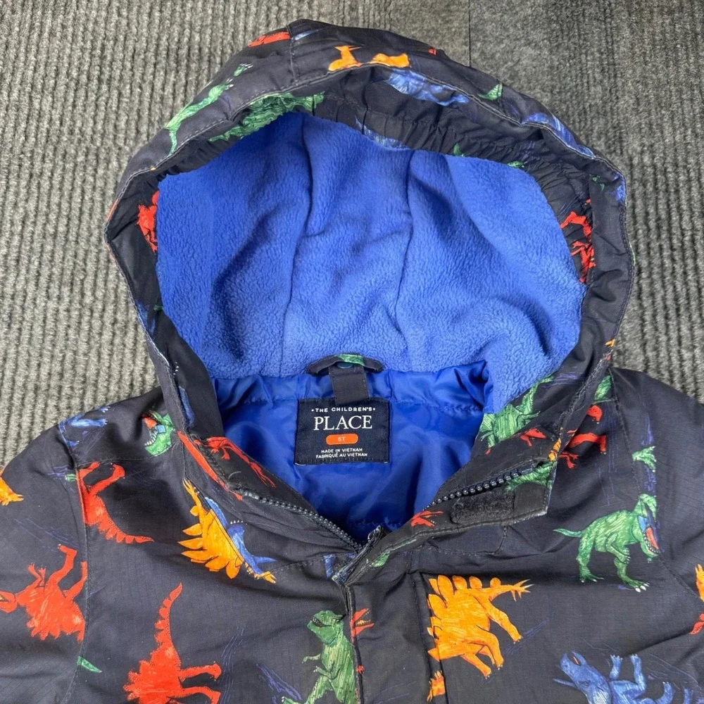 The Childrens Place Boys 5T Dinosaur Puffer Jacket Navy Blue Hooded Coat
